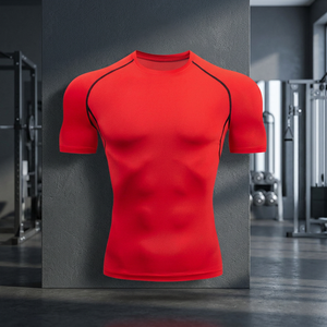 T-shirt de compression rouge à manches courtes pour homme, coupe ajustée, sous-vêtement de sport à séchage rapide, haut de gym, fournisseur en gros, impression de logo personnalisée - Product Image 2