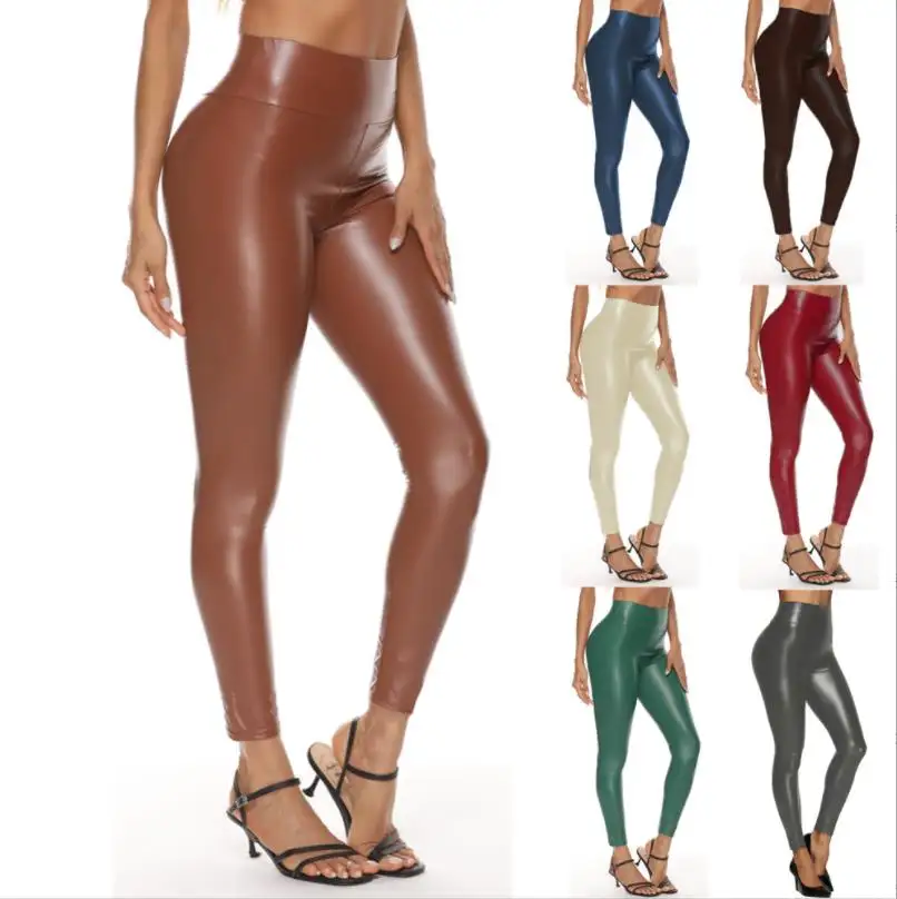 Pantalones plisados de cuero sintético para mujer, mallas sexys de cintura alta con escote, de piel sintética para discoteca