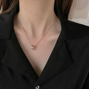 Hot Sale Roman Numeral Double Ring Pendant Necklace Rose Gold Plated <b>Titanium</b> Steel CZ Jewelry for Women Daily Party - Product Image 4