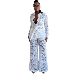 Completo Due Pezzi Trasparente con Lacci Neri, Pantaloni a Gamba Larga in Pizzo Sexy, <span class=keywords><strong>Abbigliamento</strong></span> Femminile Autunnale - Product Image 1