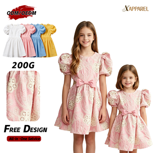 Vestido A&J BSCI para niñas, a juego, rosa, con bordado, manga abullonada, 200G algodón, lazo en la cintura, corte A, 4 colores, ODM 2026 - Product Image 1