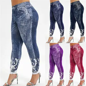 Celana Legging Yoga Gym Wanita, Celana Jins Denim Faux Sweat Track Ramping Dipotong untuk Perempuan Grosir