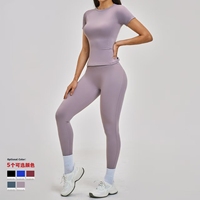 Ensemble de yoga 2 pièces pour femme : débardeur de yoga à manches courtes et col rond, t-shirt de sport ajusté, leggings taille haute – Tenue de gym