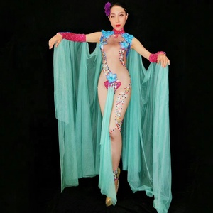 Elf Fata Fiore Del <span class=keywords><strong>Costume</strong></span> Moderno Femminile Cantante di Nightclub Tuta Dj Strass a Mano Del Manicotto Del Mantello Del Gogo Vestito Fase Costumi - Product Image 2