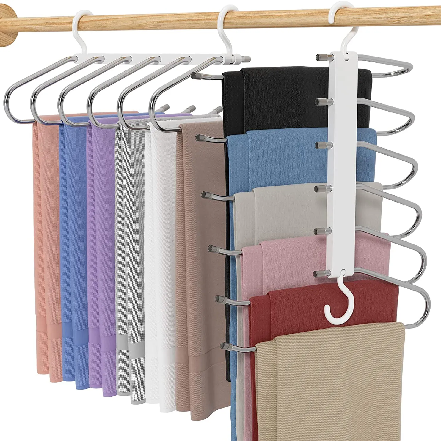 Pants Hangers 2 Pack Stainless Steel 6 Layers Magic Pants Hanger Rack Slack Trousers Hanger Space Saving Non-Slip Closet Storage