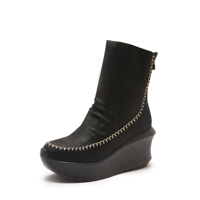 Bottes d'hiver personnalisées rétro faites à la main en cuir pour femme, à talon compensé et plateforme, avec coutures, en cuir et fourrure courte