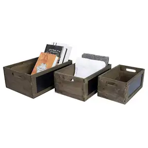 Cajas de almacenamiento de anidación de madera marrón rústica con pizarra Granja Hierbas de madera Cajas Asas recortadas Juego de 3
