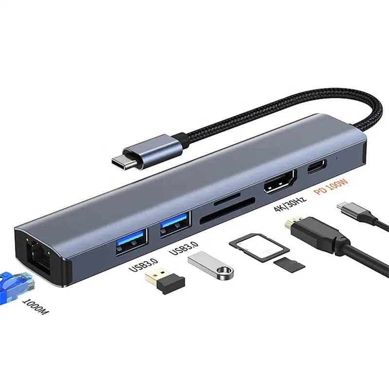 Pembaca kartu TF USB 7 dalam 1, USB C Tipe C Hub tipe-c ke 4K HDTV USB SD/TF SD TF dengan 1000M RJ45 Gigabit Ethernet 4K HDMI PD 100W