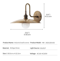 Applique Murale Vintage Industrielle Style Loft, Décoration en Laiton Massif Antique, Abat-jour en Métal en Forme de Soucoupe, Bras Flexible LED, Lampe Murale Rétro Style Ferme