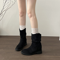 Bottines à bout rond et talon carré en daim pour femme, style western, avec découpe en V et languette repliable, 3 couleurs.