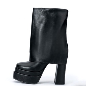 Trendy Short Overlay Platform Chunky High Heels Ankle <b>Boots</b> for Women Square Toe Folded Over Shoes - Product Image 6