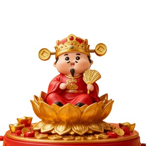 Scultura Artigianale in Resina Poliestere Personalizzata del Dio Cinese <span class=keywords><strong>della</strong></span> Fortuna su Loto Dorato, Fatta a Mano, Colore Rosso Oro, per Regalo al Mercato Occidentale - Product Image 1