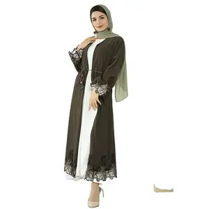 2023 New Fashion Middle East Women Long Dress Embroidered Lace Cardigan Front Open Abaya Kimono Thobe Dubai Kaftan For Muslim