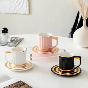 QIAN HU Top Sale Custom British Golden Rim Fancy Espresso Coffee Tea Cup and Saucer Set Porcelain