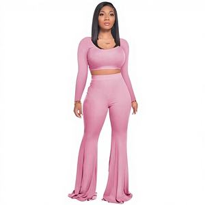 Conjunto Deportivo Europeo y Americano para Mujer, Pantalones de Campana Ajustados de Color Sólido con Rayas - Product Image 1