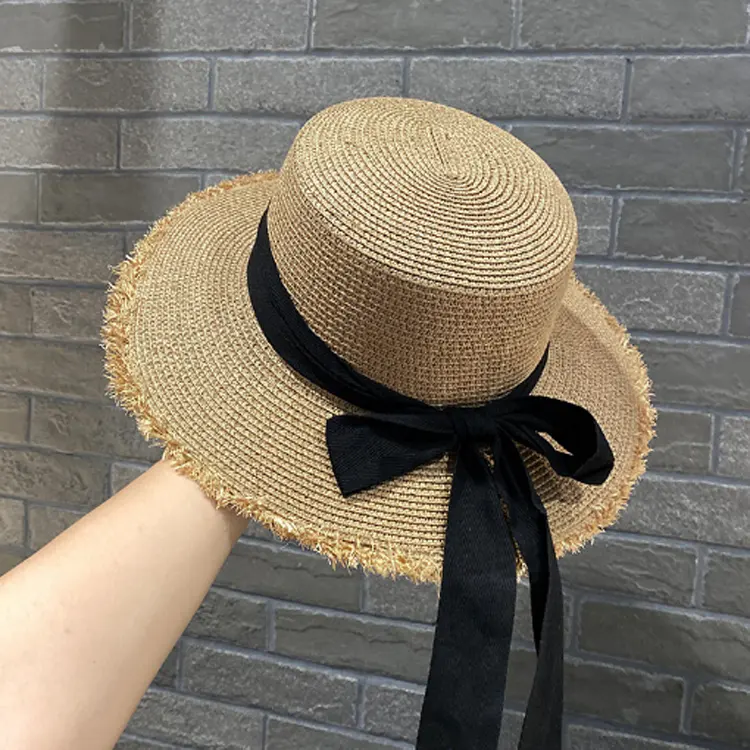 F-2452Japanese wide brim fur-trimmed flat top hat custom bow ribbon straw boater hats cheap paper straw hats for women