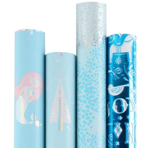 Blue Metallized Eco-Friendly Recyclable Art PE Gift <b>Wrap</b> <b>Rolls</b> Mermaid Christmas Tree Dots Birds Snowflakes Design Double-Sided - Product Image 1