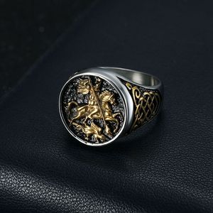 Saint George Dragon Slayer Knight <b>Ring</b> Titanium Steel Two-tone Gold Men's Fashion Jewelry Gift - Product Image 2