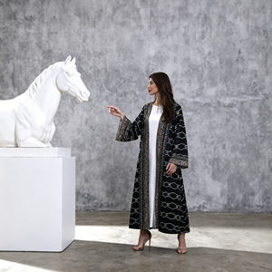 Vente en gros de robes de fête Abaya en polyester personnalisées avec des strass élégants imprimés et thermocollés pour femmes musulmanes - Product Image 4