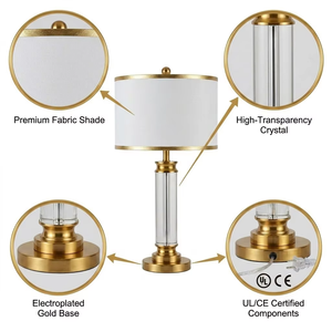 Lampe de table moderne de luxe en verre et cristal avec base en métal doré, abat-<span class=keywords><strong>jour</strong></span> en tissu blanc, certifiée UL ETL, lampe de chevet pour hôtel, salon - Product Image 2