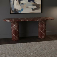 Table console en marbre bordeaux Dream Home, plateau ovale, pieds cylindriques cannelés, meuble d'entrée de luxe en pierre