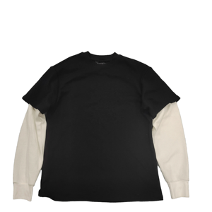Camiseta de Manga Larga Negra para Hombre con Mangas en Contraste de Punto Waffle Crema, Cuello Redondo, Corte Regular Informal - Product Image 1
