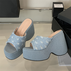 2025 Summer New Fashion Blue Denim Wedge <b>Heel</b> Open <b>Toe</b> Slippers Southeast Asian Style High <b>Heel</b> Thick Bottom Sandals - Product Image 6