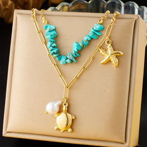 Fashion Layered Necklace Zinc Alloy Turtle Starfish Blue Pebble Pearl Design Animal Pattern N3328 - Product Image 5