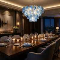 Lustre moderne de luxe à plusieurs niveaux en verre bleu artistique, luminaire suspendu rond en laiton doré Art Déco pour la décoration du salon et de la salle à manger