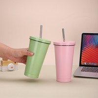 Bouteilles isothermes en acier inoxydable mat de 500 ml pour café, avec paille et couvercle, en gros