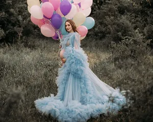 Robe de soirée sexy en tulle à volants, longueur ras du sol, coupe trapèze, col en V, manches courtes, pour séance photo, baby shower, avec traîne, pour femme enceinte - Product Image 2