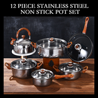 Peralatan Masak Stainless Steel Anti Lengket Modern 12 Buah Grosir Pabrik dengan Tutup Kaca dan Gagang Kayu 6 Tutup