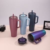 Gobelet isotherme transfrontalier de 40 oz à grande capacité avec poignée, en acier inoxydable 304, pour voiture, avec paille colorée, 6-12h