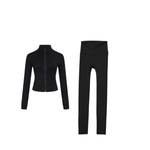 Yoga Loungewear Set voor dames, 2-delig, effen patroon, joggingjack met wijde broek, elastische tailleband, herfst fitness outfit - Product Image 2