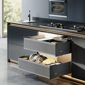 Gabinete de <span class=keywords><strong>Cocina</strong></span> Moderno de Lujo en Acero Inoxidable Negro Mate con Cestas Extraíbles Inteligentes, Iluminación LED y Fregadero para Villa - Product Image 4