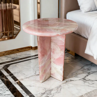 Table d'appoint ronde en marbre naturel avec base en forme de V unique, table d'appoint de canapé en pierre multicolore pour la décoration du salon