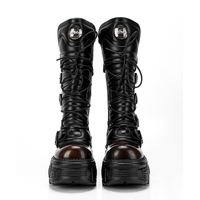 Bottes mi-mollet à lacets à semelle épaisse en métal noir et argent vieilli, style gothique punk, pour femme - Esthétique de design de niche