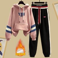 Ensemble deux pièces chaud et imperméable en peluche unie avec capuche pour femme, comprenant un pull brodé et un pantalon sarouel décontracté, idéal pour l'hiver.