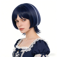 Perruque Cosplay Wanderer Bleue à Pompon, Fibre Haute Température Résistante à la Chaleur, Cheveux Courts et Raides, Anime, Densité 150%, Ligne de Cheveux Naturelle