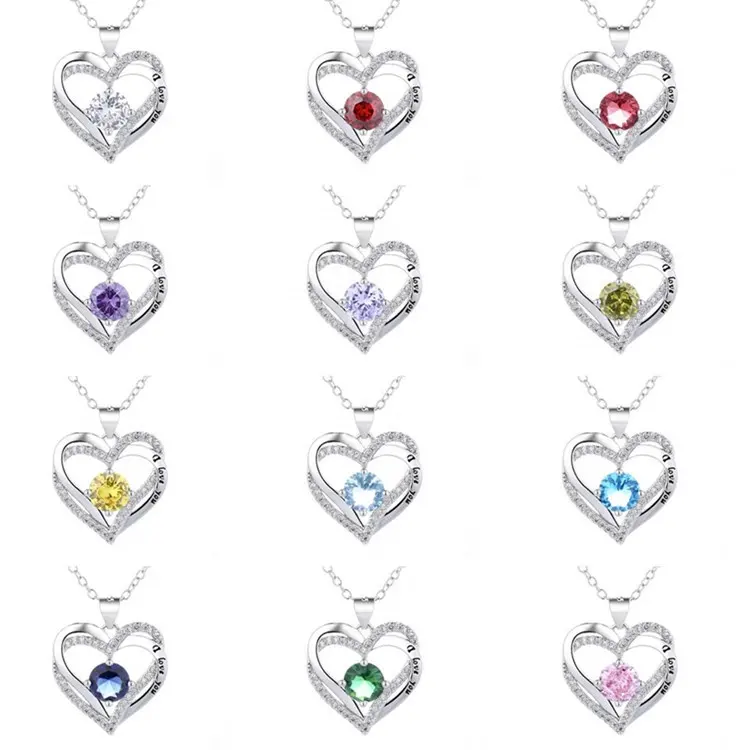 Роскошные 12 месяцев рождения камень кулон ожерелье сердце с Я люблю тебя ожерелье ювелирные изделия на день Святого Валентина