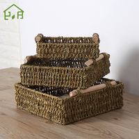 Houten handvat plastic mandje milieuvriendelijke vierkante grasopbergmand geweven mand plastic rotan fruitmand met houten handvat