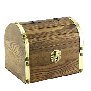 custom luxurious pine Money wood box with leather decoration Coin chest