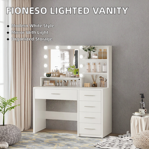 FIONESO Ahşap Makyaj Masası Aynası Işıkları Makyaj 5 Çekmeceli 3 Depolama Rafı 3 Renk Modu Ayarlanabilir Parlaklık Tuvalet Masası - Product Image 2