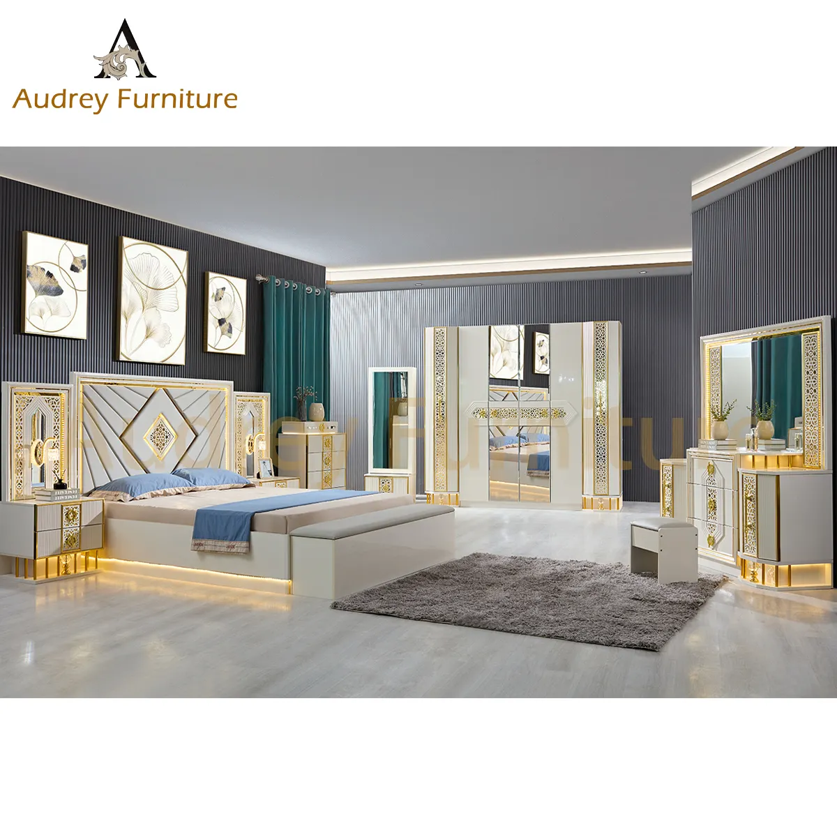 مجموعة غرفة نوم Audrey الفاخرة بحجم كبير مكونة من 5 قطع عالية الجودة من أثاث غرفة النوم بتصميم علامة تجارية