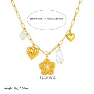 Gold Plated Chain Necklace With Flower And Heart Charms Imitation Pearl Pendant Women's Clavicle Chain Party Jewelry - Product Image 4