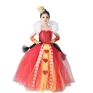 ชุดกระโปรงไหมพรมเด็กผู้หญิงชุดเดรสสำหรับการแสดงบทบาทราชินีแห่งหัวใจสีแดง