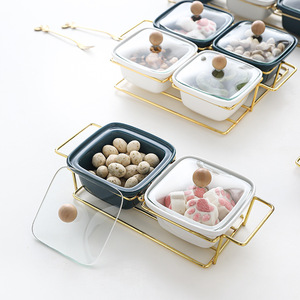 Nouvelles collations carrées créatives noix assiette de fruits secs assiettes en céramique avec couvercle en verre support en métal - Product Image 6
