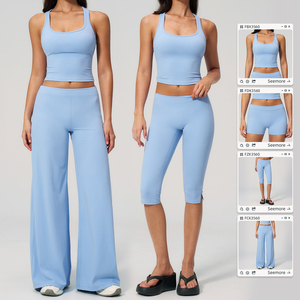 OEM ODM Square Neck Racerback Vest <strong>Low</strong> <strong>Waist</strong> Split Hem Capri <strong>Leggings</strong> Wide Leg Pants Quick Dry Shorts Women's Fitness Yoga Set - Product Image 3