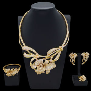 Zhuerrui高品質24KゴールドメッキジュエリーセットドバイダイヤモンドモダンゴージャスフラワーシェイプペンダントリングブレスレットHZ24007217 - Product Image 3