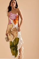 Robe décontractée pour femme, motif floral aquarelle, asymétrique à une épaule, en satin, longueur midi, avec volants et fente, idéale pour les vacances